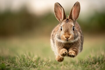 Fototapeta premium Excited bunny hops toward the camera in a lush grassy field, capturing the feeling of playful joy under soft, fading daylight