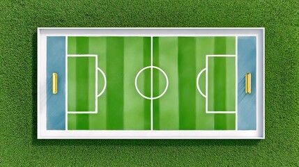 3D Aerial View of Symmetrical Sports Field with Goalposts and Grid Markings for Stadium Planning, Tactical Presentation, or Branding Use