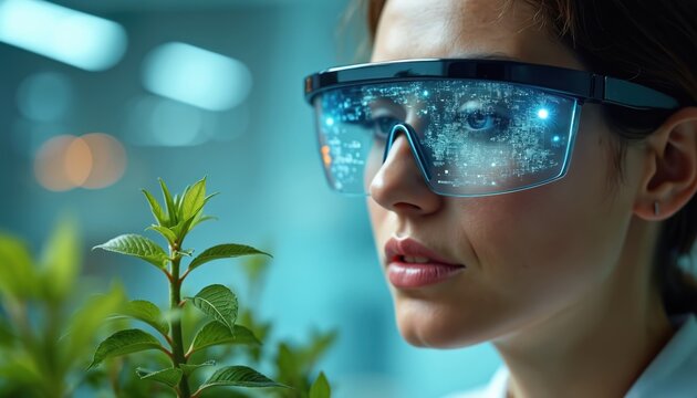 Female scientist analyzes plant using augmented reality tech glasses. Digital information on lenses indicates ecosystem, climate trends data. Eco friendly, sustainable tech future, AI innovation for