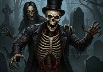 A skeleton in a top hat poses frighteningly with a sinister figure in the eerie graveyard