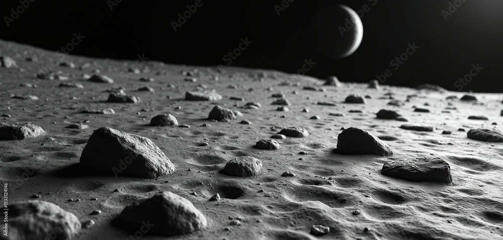 Poster close-up view of moon surface with craters and rugged terrain. lunar rocks and dust, satellite in ba