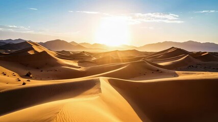 Sweeping golden desert sand dunes ripple under a clear blue sky with sun and mountain silhouettes in the distance at sunrise - Powered by Adobe