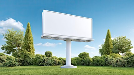 Close-Up of Clean White Blank Billboard under Bright Summer Sky with Sunshine and Greenery in Outdoor Setting
