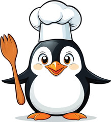 Fototapeta premium Cartoon Penguin Chef With Wooden Spoon Vector Illustration For Food Blogs Kids Menus Culinary Designs And Kitchen Decor