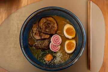 Ramen Bowl with Narutomaki, Chashu Pork and Soft-Boiled Eggs
