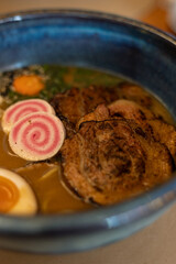Ramen Bowl with Narutomaki, Chashu Pork and Soft-Boiled Eggs