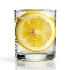 Refreshing glass of lemon-infused water resting on a bright white surface captures the essence of hydration and vibrancy