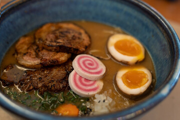 Ramen Bowl with Narutomaki, Chashu Pork and Soft-Boiled Eggs