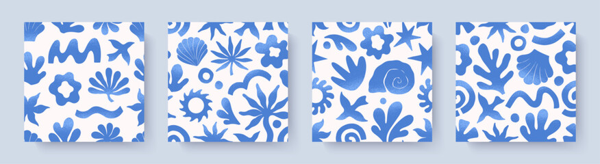 Summer tropical seamless patterns with hand drawn nature organic elements:palm,sun,coral,seashell,bird,wave.Trendy backgrounds for banners,smm,branding,textile,covers,prints.Summer vacation aesthetic