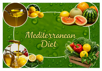 Fresh ingredients associated with the Mediterranean diet including vibrant vegetables, fruit spreads, and olive oil