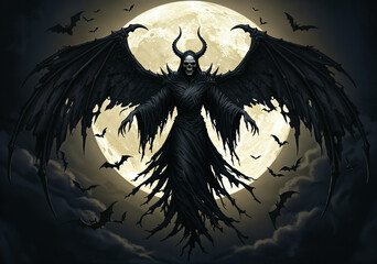 Grim Reaper with Bat Wings in Front of the Moon