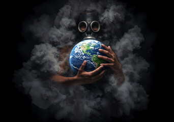 Person Holding Earth in Smoke with Protective Mask Representing Environmental Concerns