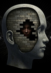 Stone head with brick wall face and hidden woman, the overall composition creates a sense of isolation, confinement and perhaps a hidden emotion or identity