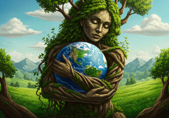 This artwork depicts a harmonious fusion between Mother Nature and humanity, personified by a tree woman cradling the Earth.