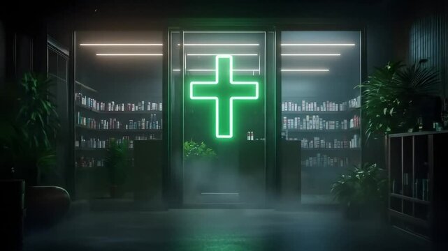 Dark, atmospheric store with glowing green cross.  Shelves, plants, and dimly lit interior