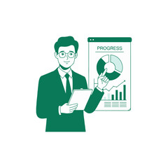  Businessman with Graph and Tablet – Cartoon Vector Illustration