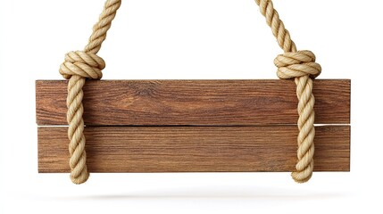 Wooden Hanging Sign Framed by Rope Edges Isolated on White Background for Text or Image Placement