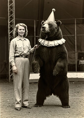 Vintage Circus, Woman and a Trained Bear Performing