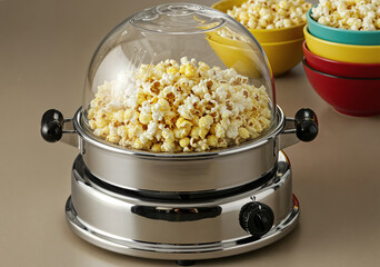 A stylish popcorn machine filled with fresh golden popcorn, surrounded by colorful serving bowls, creating a cozy and inviting snack-time atmosphere.