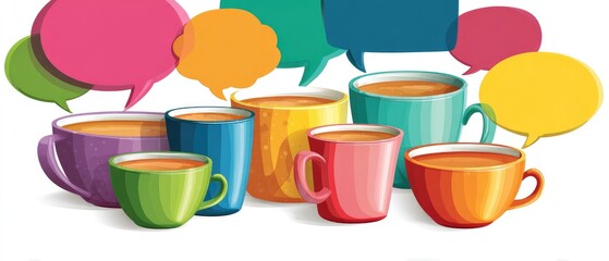 Colorful mugs filled with tea, surrounded by speech bubbles, suggesting conversation and community