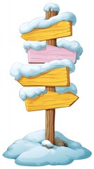 Wooden Street Sign with Multiple Directions in Snowy Winter Cartoon Scene on White Background