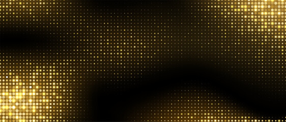 Golden halftone background, abstract glittering dots backdrop, disco texture design, shiny confetti banner. Vector illustration.