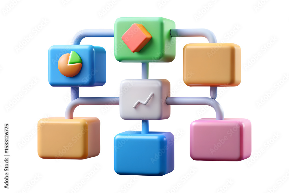 Poster 3d render of interconnected data cubes representing network, system, or workflow