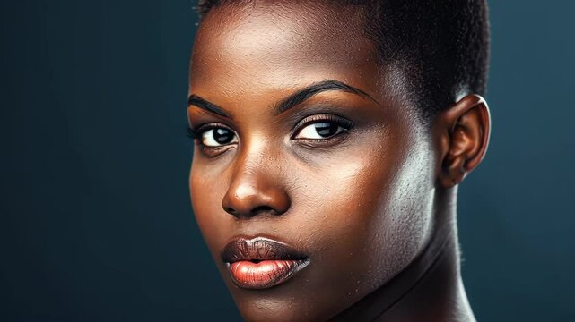 Vibrant Portrait of Elegance: A captivating portrait showcases a woman with radiant, ebony skin, striking features, and a gaze that exudes confidence and allure.