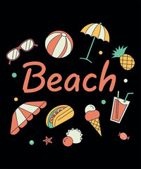 A vibrant vector illustration set of colorful summer beach icons, perfect for web design or a vintage travel collection