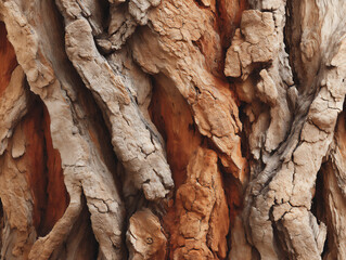 sharp focus on the textured bark of an old tree, showing its deep grooves and organic patterns