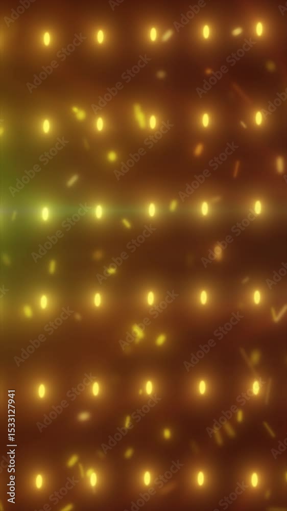 Wall mural warm glowing grid of golden lights with soft bokeh and flying particles on dark background