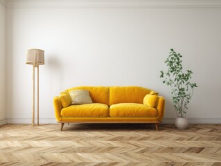 A mustard yellow velvet sofa sits in a minimalist room with light wood floors, a tall lamp, and a potted plant against a white wall
