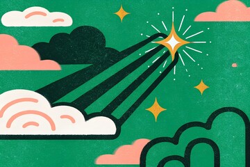 Illustration, interesting modern style, showing stars shining through clouds and green sky, conveying inspiration, creativity, hope, positive energy, design, marketing, media that needs freshness.