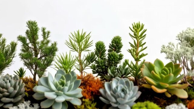 Miniature landscape with succulents and small trees on white background displaying unique plants and colors in a vibrant botanical display.