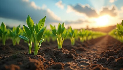 Fresh green shoots grow in spring field. Pepper sprouts planted on cultivated farm under sunlight. Agriculture landscape, plant growth. Eco-farming, organic food production.