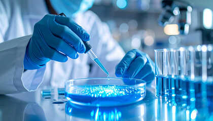 Scientific Experiment: A scientist's hands in blue gloves carefully pipette a blue liquid into a petri dish, surrounded by test tubes filled with similar liquid.
