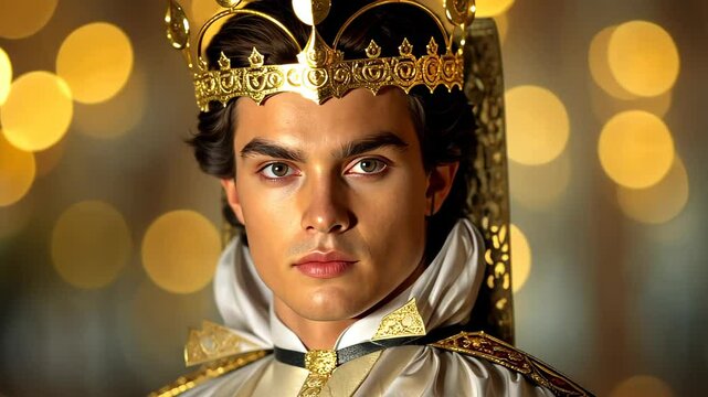 Regal Portrait: A young man in regal attire, crowned with a golden crown, gazing confidently. The portrait encapsulates poise and heritage.