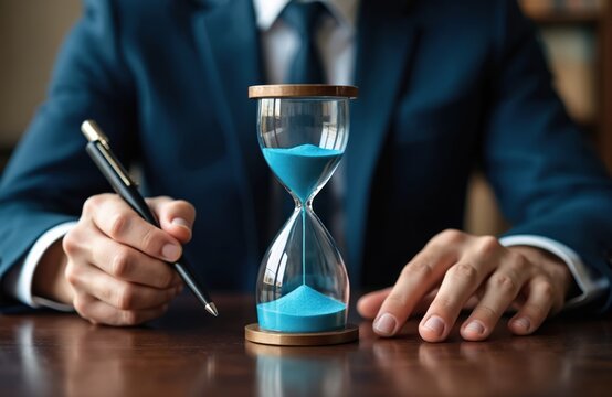 Businessman with pen signing contract, hourglass near. Symbolizes time, deadline, agreements, efficiency. Concept of time management, hurry, schedule, planning, business strategy.