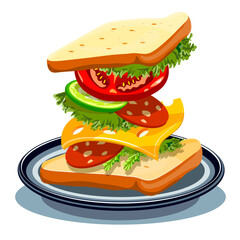 sandwich with tomatoes, cheese and sausage on a plate