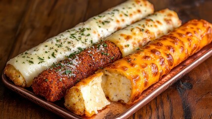 Cheese sticks collection featuring different flavors and toppings displayed on copper platter with one broken open showing melted filling