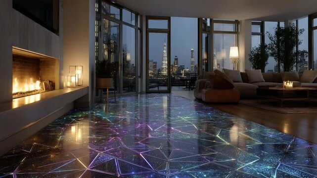 Interior ruang tamu modern dan mewah dengan konsep terbuka yang menghadap ke panorama kota metropolitan di malam hari.