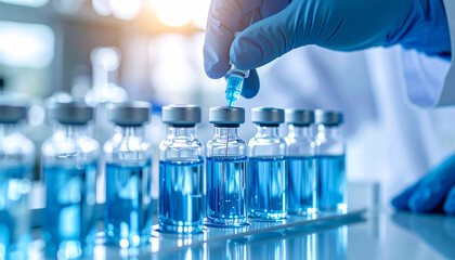 Lab Assistant Precision: A close-up shot of gloved hands working meticulously with vials of blue liquid in a cutting-edge laboratory setting, evoking a sense of precision and scientific exploration.