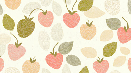 Seamless retro vector pattern with hand-drawn strawberries and leaves on soft cream background