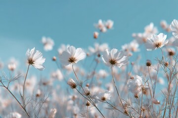 Delicate white cosmos flowers sway gently against a soft, pale blue sky, creating a serene and peaceful pastoral scene