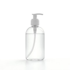 Clear sanitizer Pump Bottle Against a White Background.