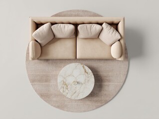 Top-down view of a beige sofa with rounded arms, two back cushions, and side pillows, situated on a round rug with a circular marble-topped coffee table in the center