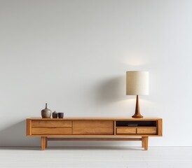 Light wood media console against a white wall, featuring a mid-century modern table lamp and small decorative vessels