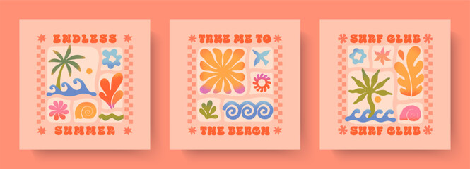 Summer illustrations with sea ocean waves,coral,palm,seashell.Groovy boho beach,surf club retro aesthetic.Summer vacation backgrounds in simple funny style.Graphic prints for banners,covers,branding