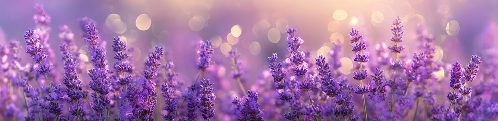 Fototapeta premium Soft-focus lavender field bathed in warm, hazy light, creating a serene and calming image