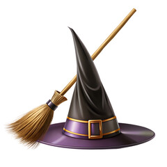 Witch Hat And Broom Icon On White